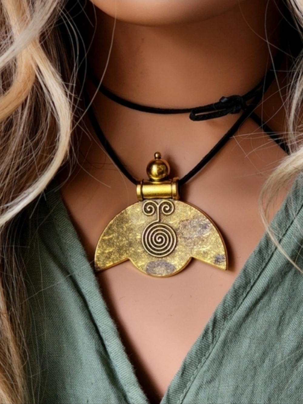 Boho Jewelry Gypsy Gold Indian Tribal Antique Lilly Pendant  Black Cord
